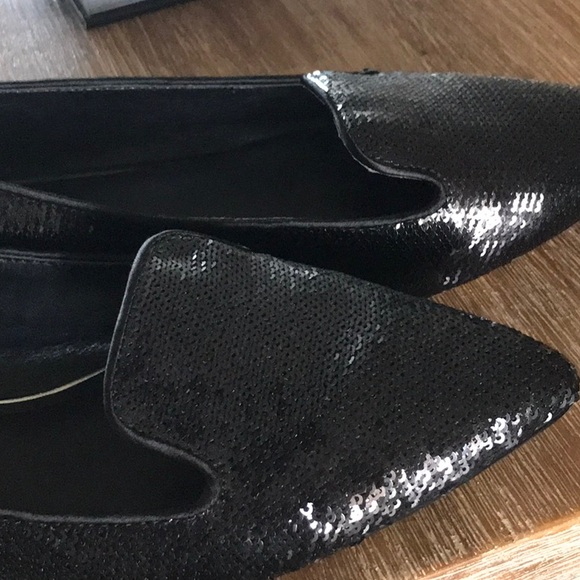 WHBM black shiny sequin flats pointed toe shoes dressy with gold metallic heel - Picture 6 of 7